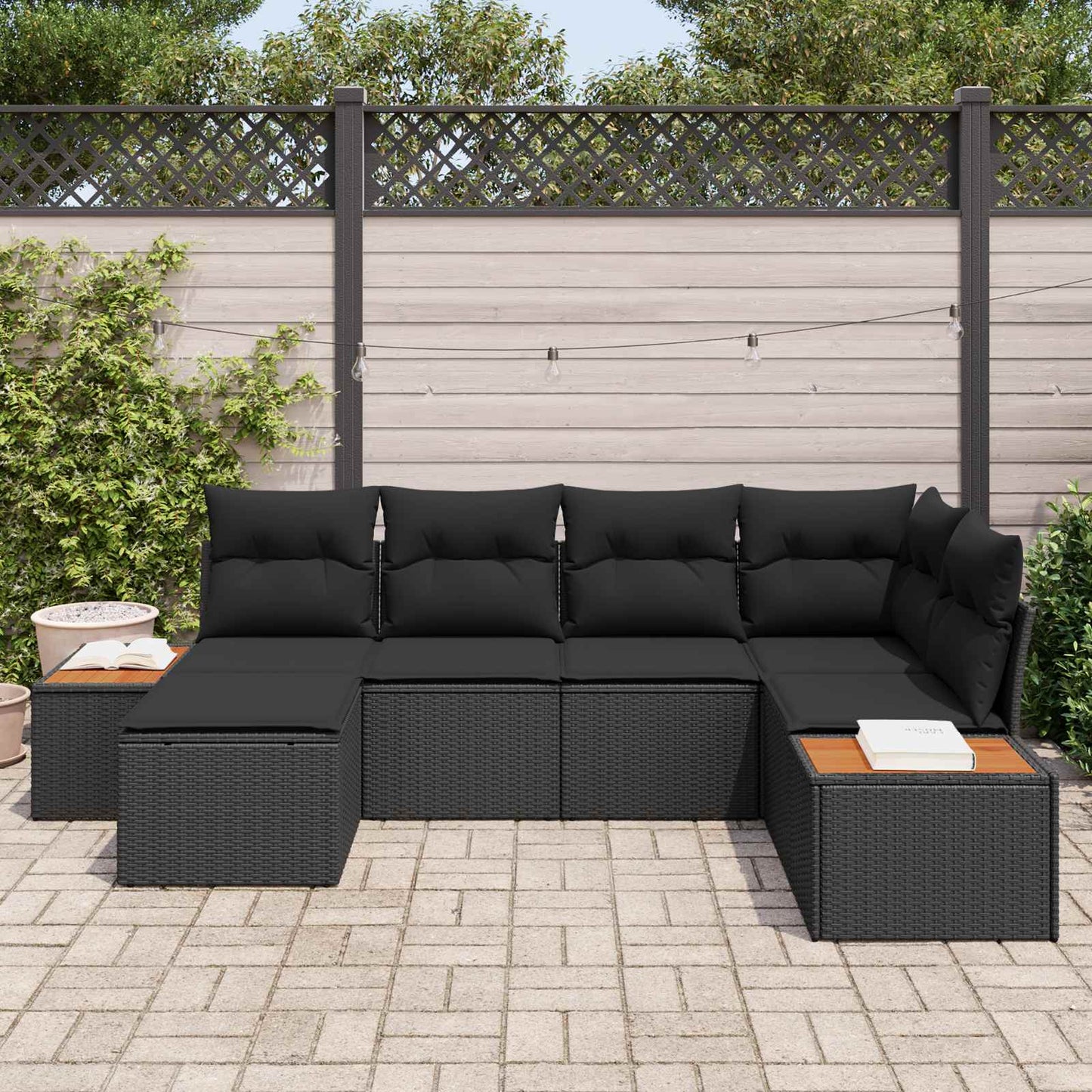 Havesofa Sæt med pude med opbevaring 7 pcs Sort Polyrattan