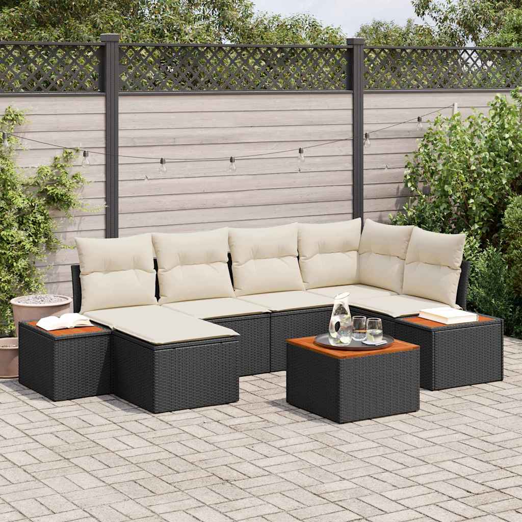 Havesofa Sæt med pude 7 pcs Sort og Cream Polyrattan