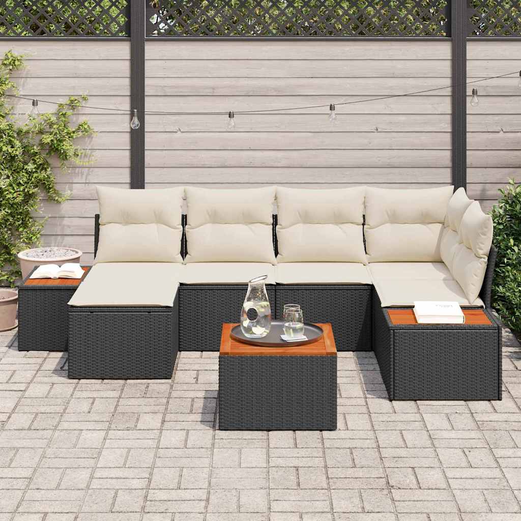 Havesofa Sæt med pude 7 pcs Sort og Cream Polyrattan