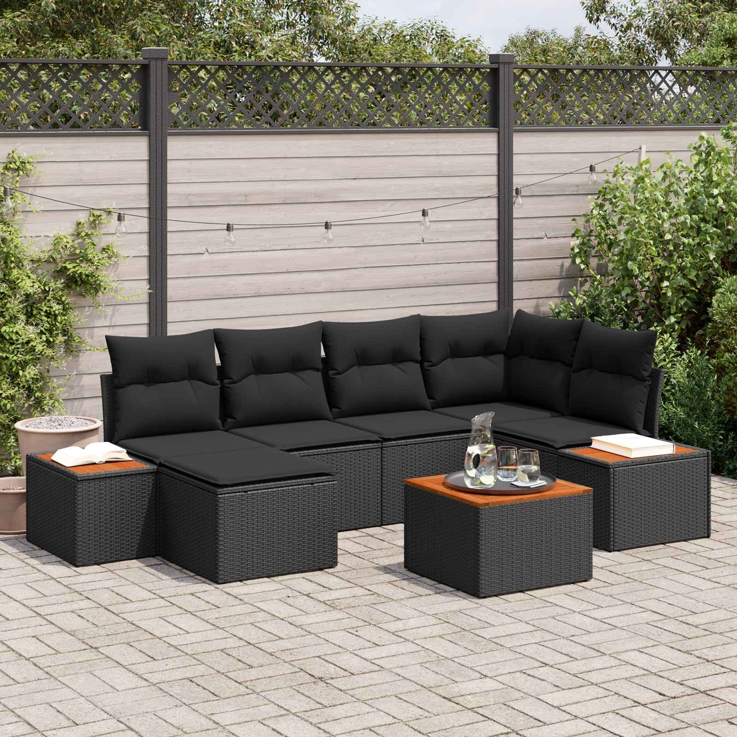 Havesofa Sæt med pude med opbevaring 7 pcs Sort Polyrattan