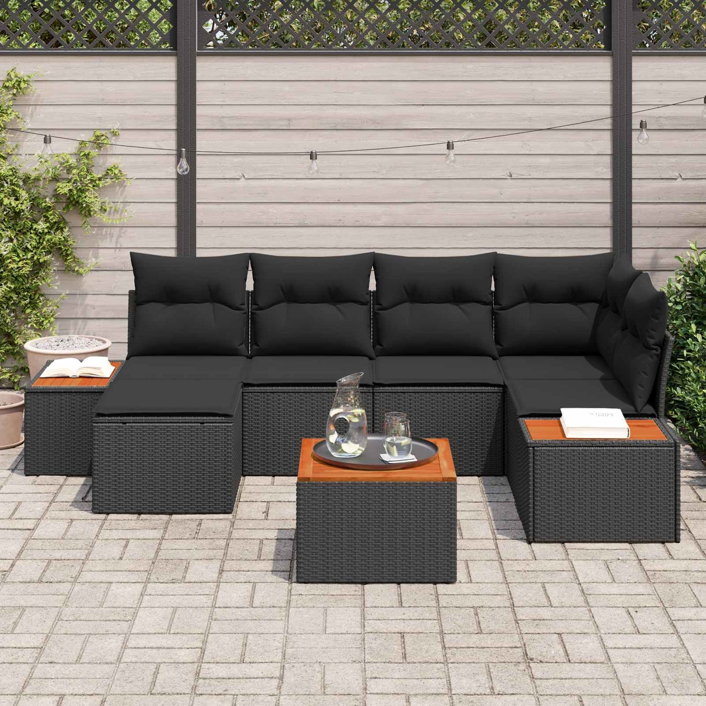 Havesofa Sæt med pude med opbevaring 7 pcs Sort Polyrattan