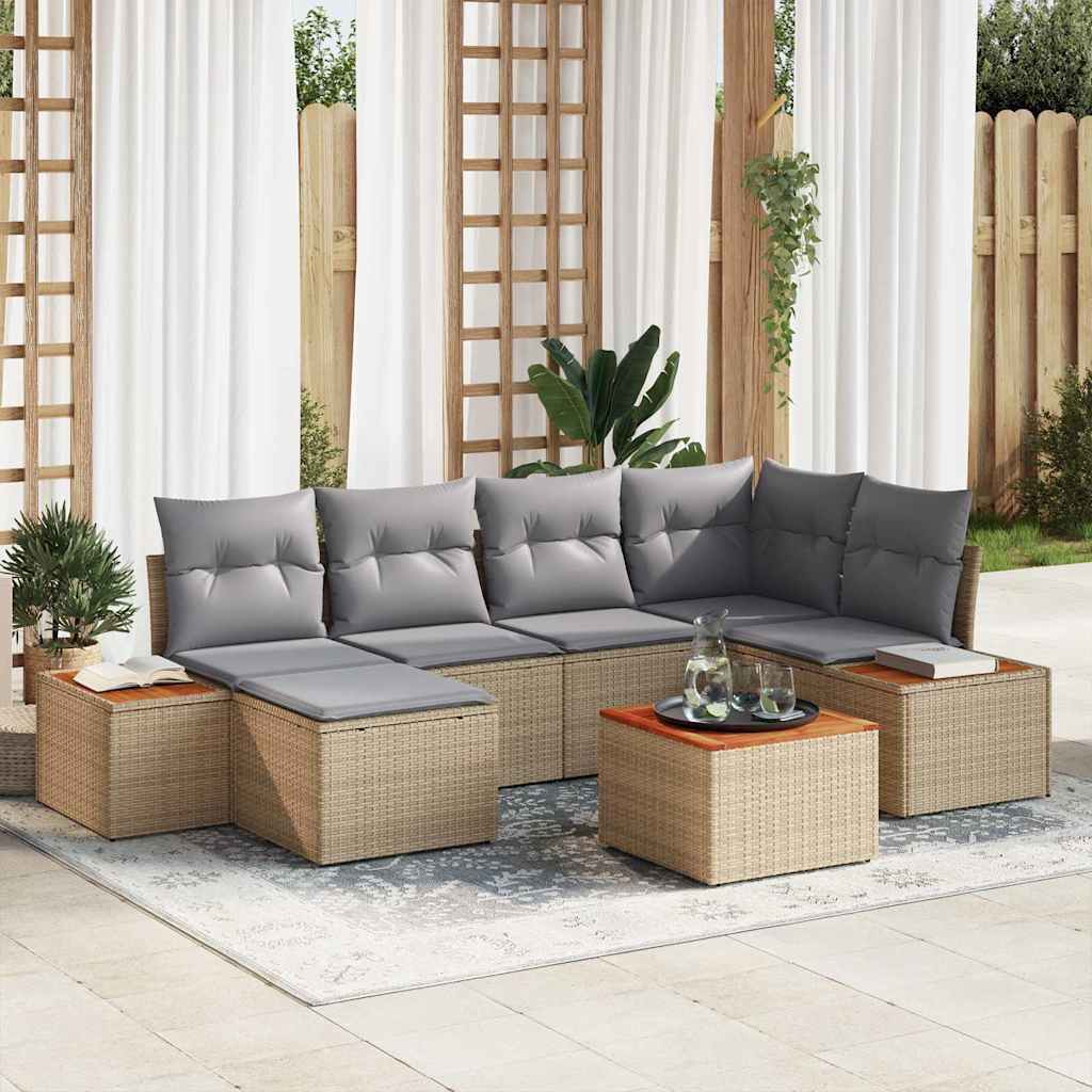 Havesofa Sæt med pude 7 pcs Beige og lys grå Polyrattan