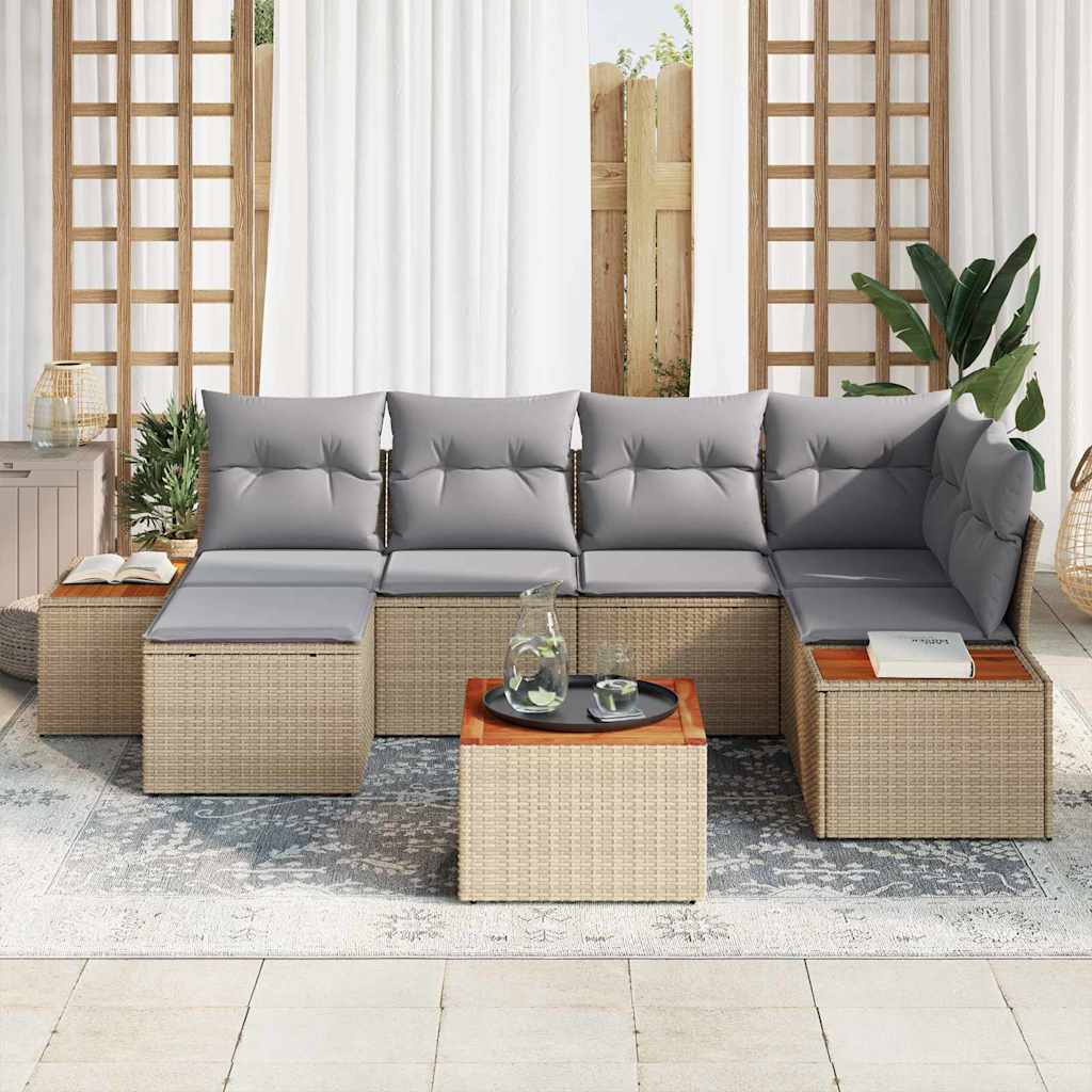 Havesofa Sæt med pude 7 pcs Beige og lys grå Polyrattan
