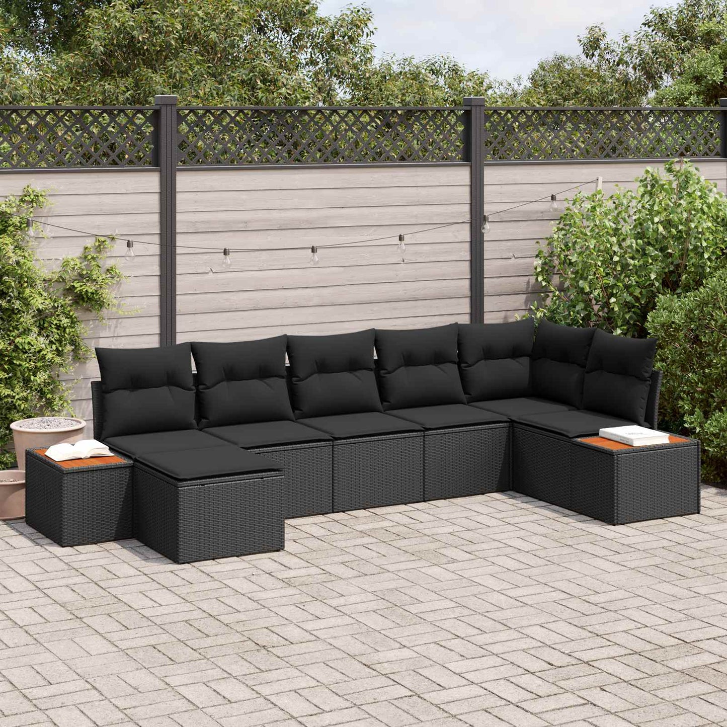 Havesofa Sæt med pude med opbevaring 8 pcs Sort Polyrattan
