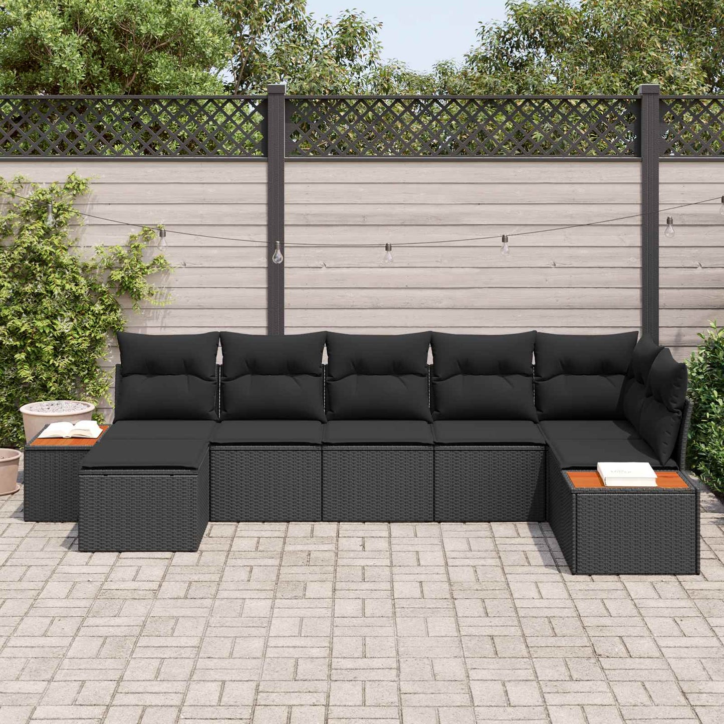 Havesofa Sæt med pude med opbevaring 8 pcs Sort Polyrattan