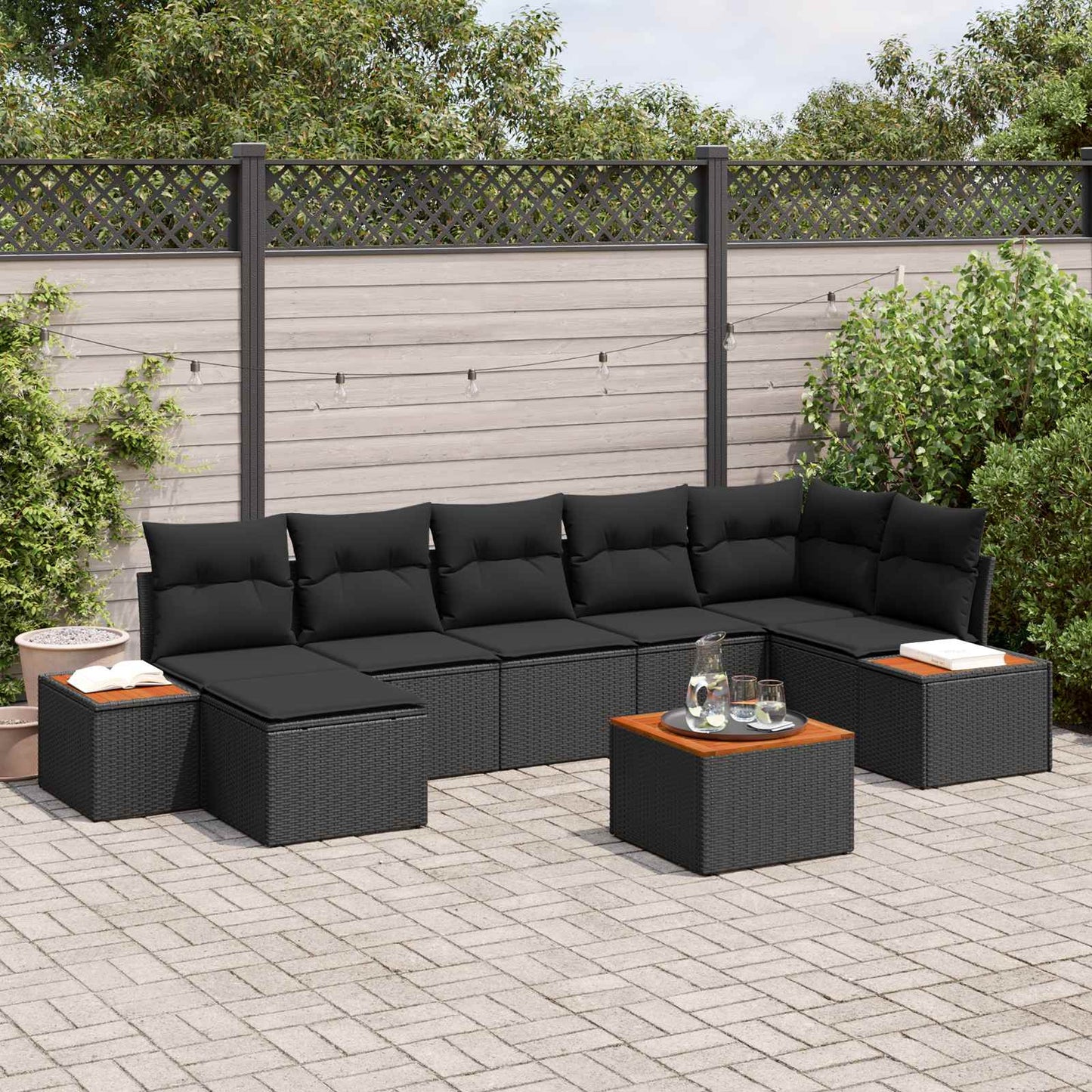 Havesofa Sæt med pude med opbevaring 8 pcs Sort Polyrattan
