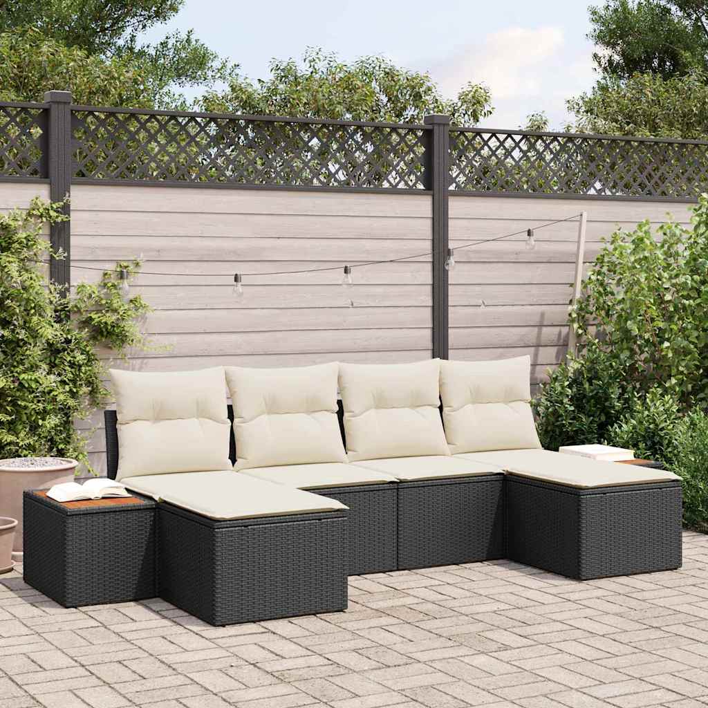 Havesofa Sæt med pude 6 pcs Sort og Cream Poly Rattan