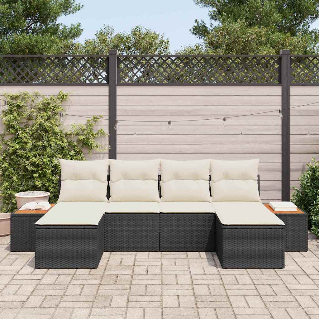 Havesofa Sæt med pude 6 pcs Sort og Cream Poly Rattan