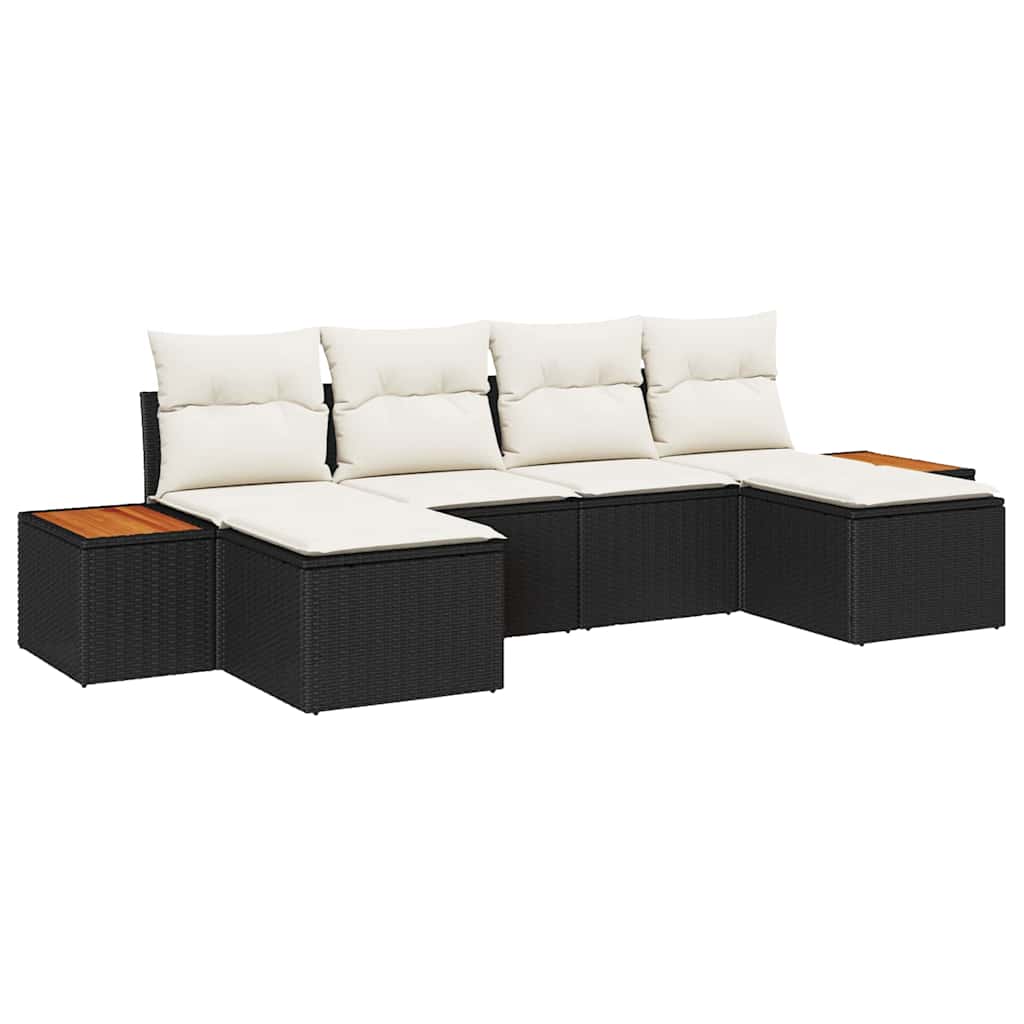 Havesofa Sæt med pude 6 pcs Sort og Cream Poly Rattan