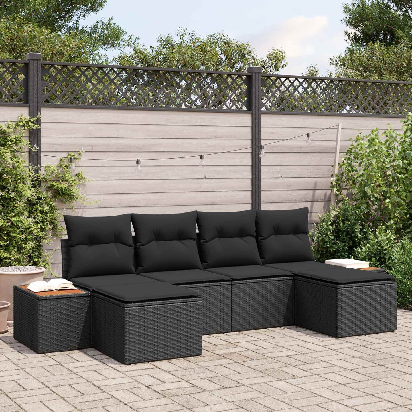 Havesofa Sæt med pude 6 pcs Sort Poly Rattan