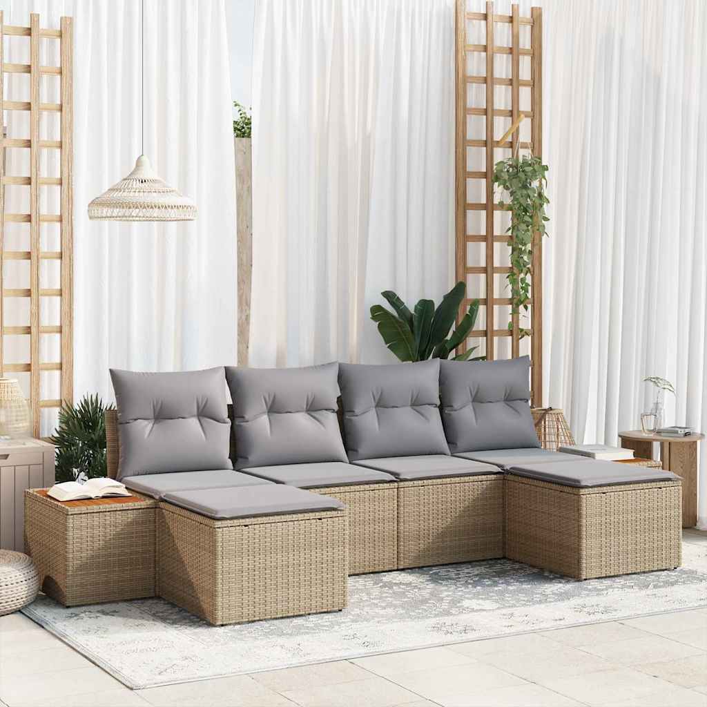 Havesofa Sæt med pude 6 pcs Beige og lys grå Poly Rattan