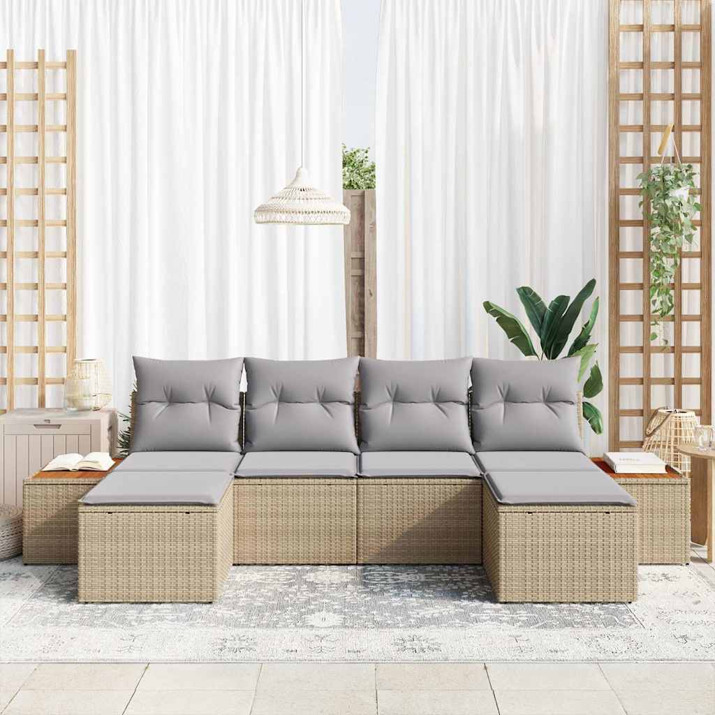 Havesofa Sæt med pude 6 pcs Beige og lys grå Poly Rattan