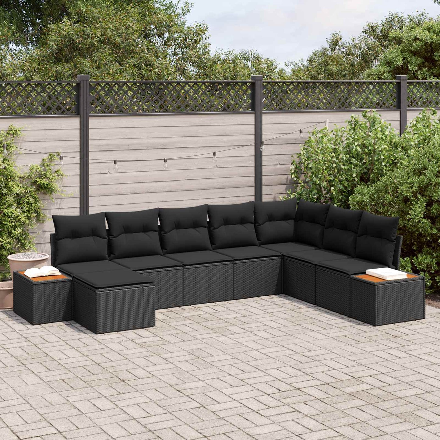 Havesofa Sæt med pude med opbevaring 9 pcs Sort Polyrattan