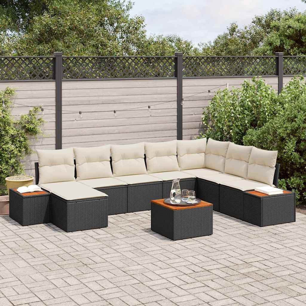 Havesofa Sæt med pude 9 pcs Sort og Cream Polyrattan