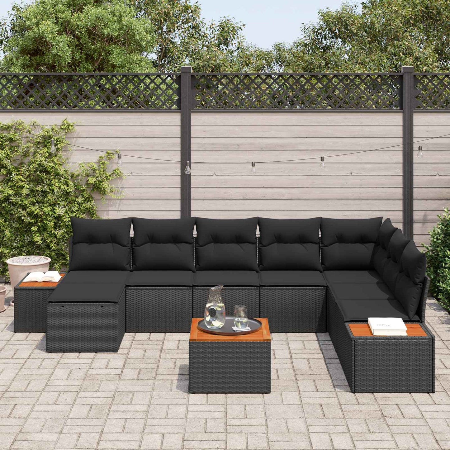 Havesofa Sæt med pude med opbevaring 9 pcs Sort Polyrattan