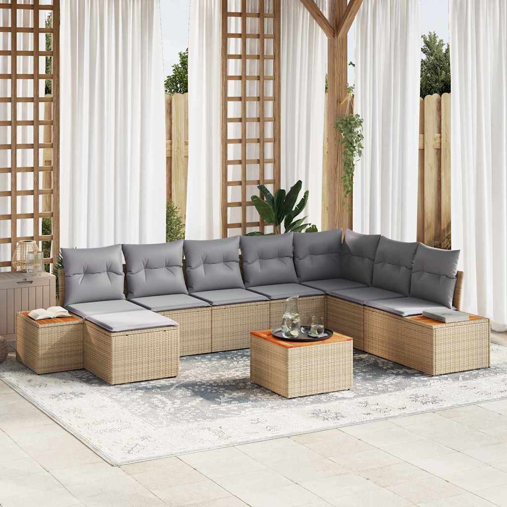 Havesofa Sæt med pude 9 pcs Beige og lys grå Polyrattan