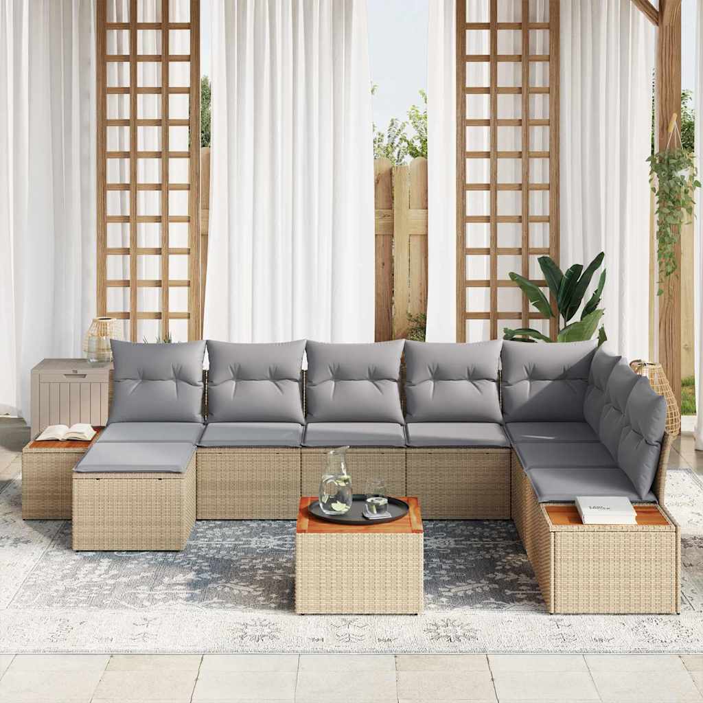 Havesofa Sæt med pude 9 pcs Beige og lys grå Polyrattan