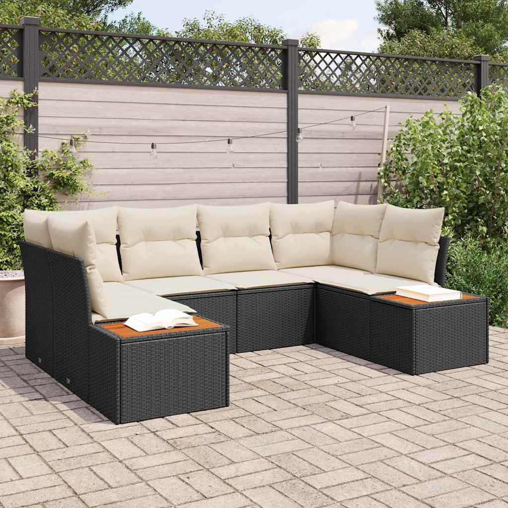 Havesofa Sæt med pude 6 pcs Sort og Cream Polyrattan
