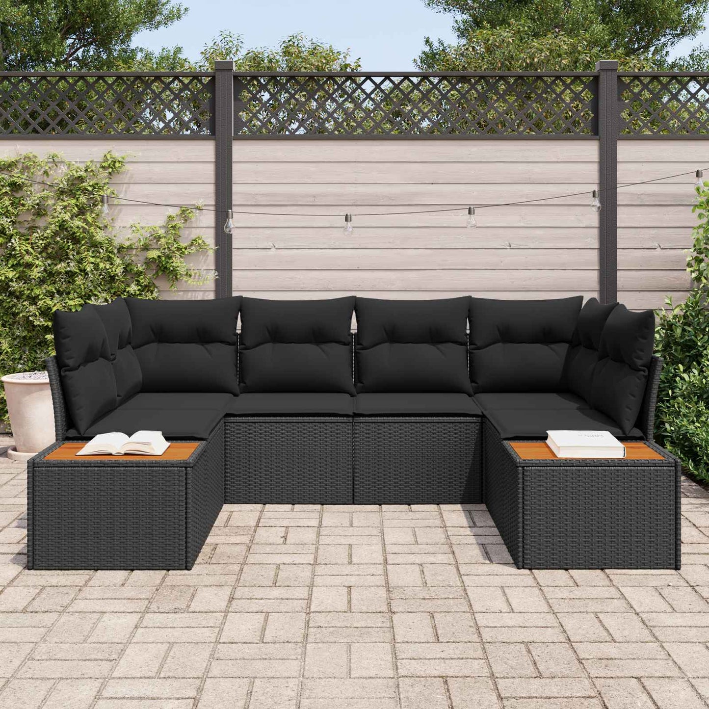 Havesofa Sæt med pude med opbevaring 6 pcs Sort Polyrattan