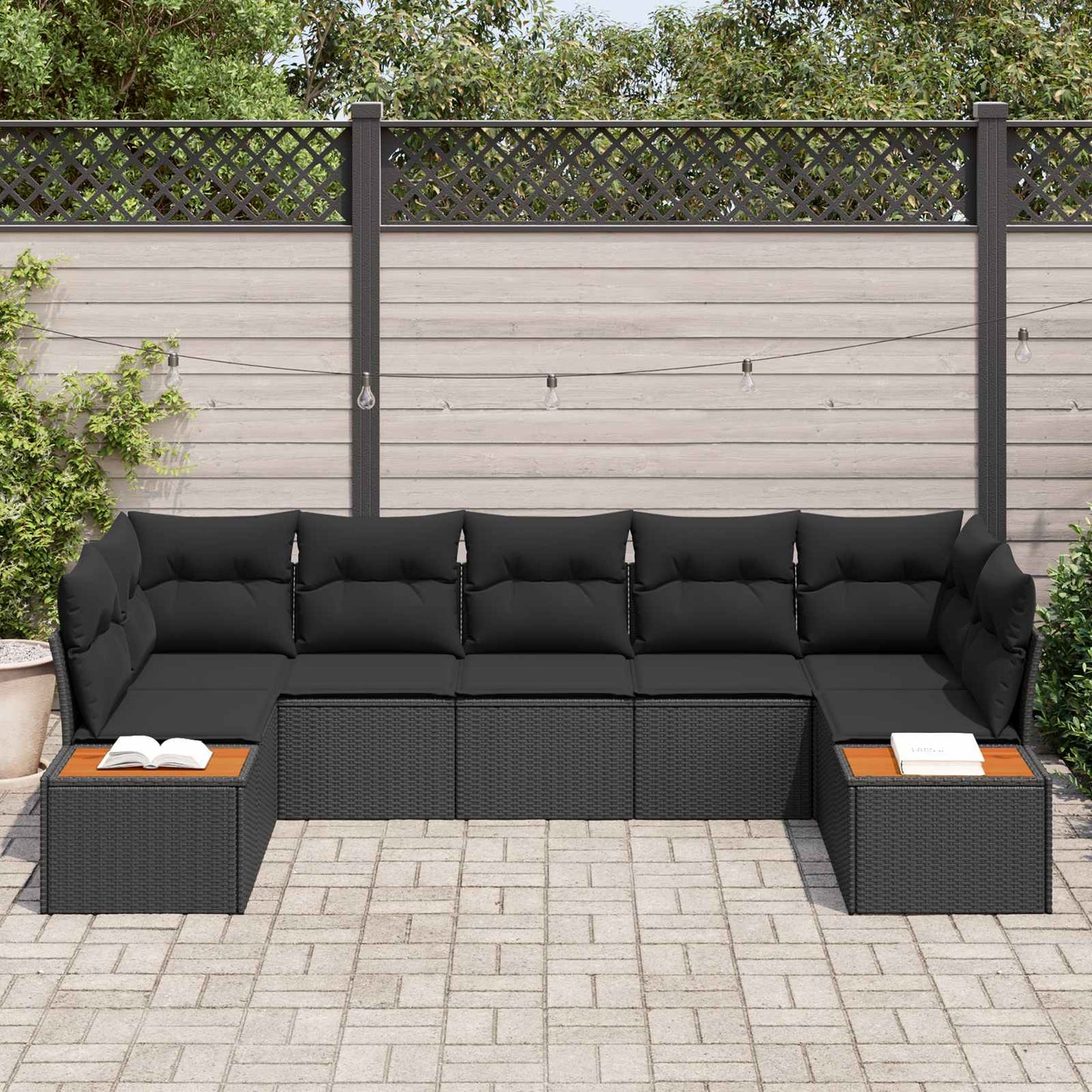 Havesofa Sæt med pude med opbevaring 7 pcs Sort Polyrattan