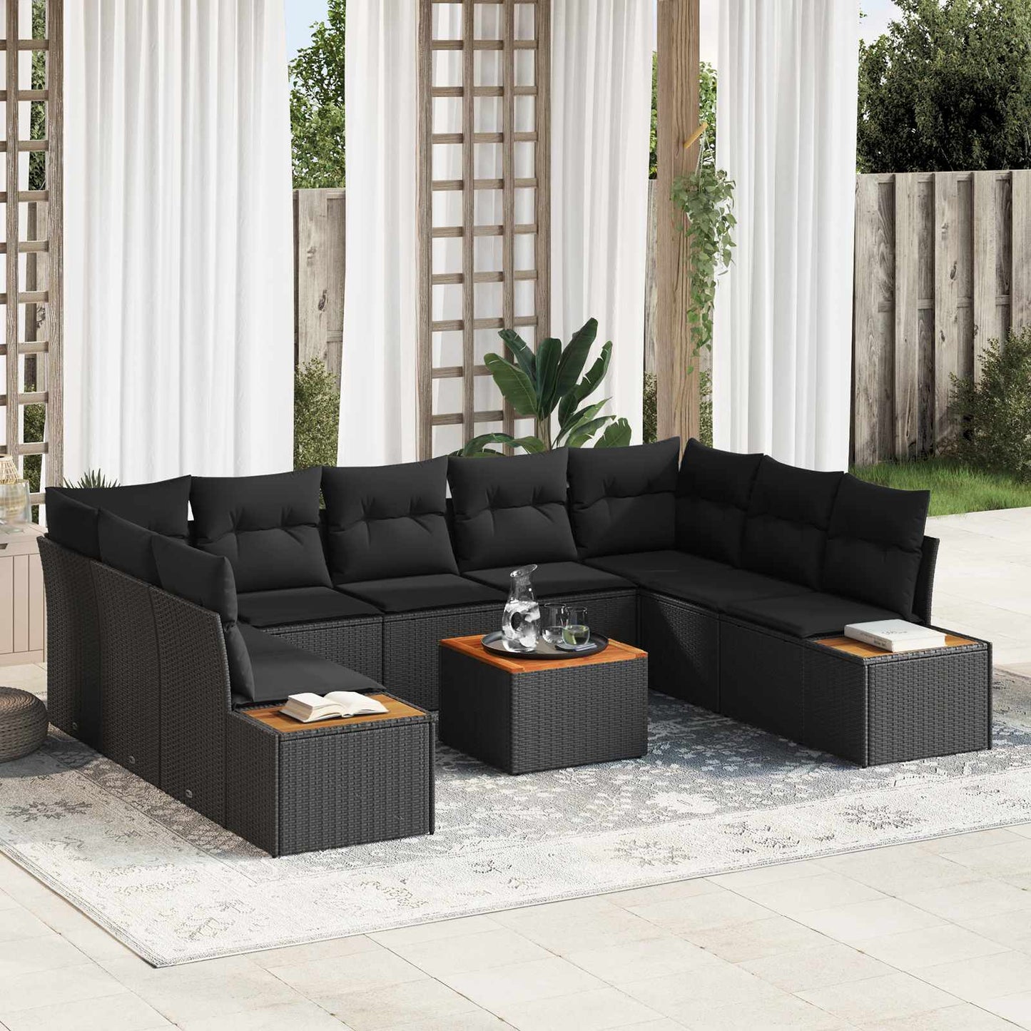 Havesofa Sæt med pude med opbevaring 5 pcs Sort Polyrattan