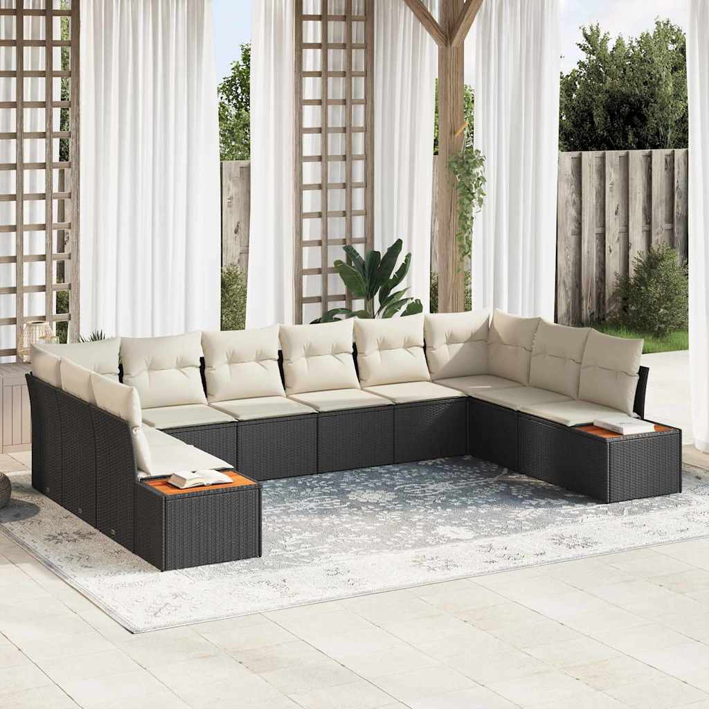 Havesofa Sæt med pude 10 pcs Sort og Cream Polyrattan