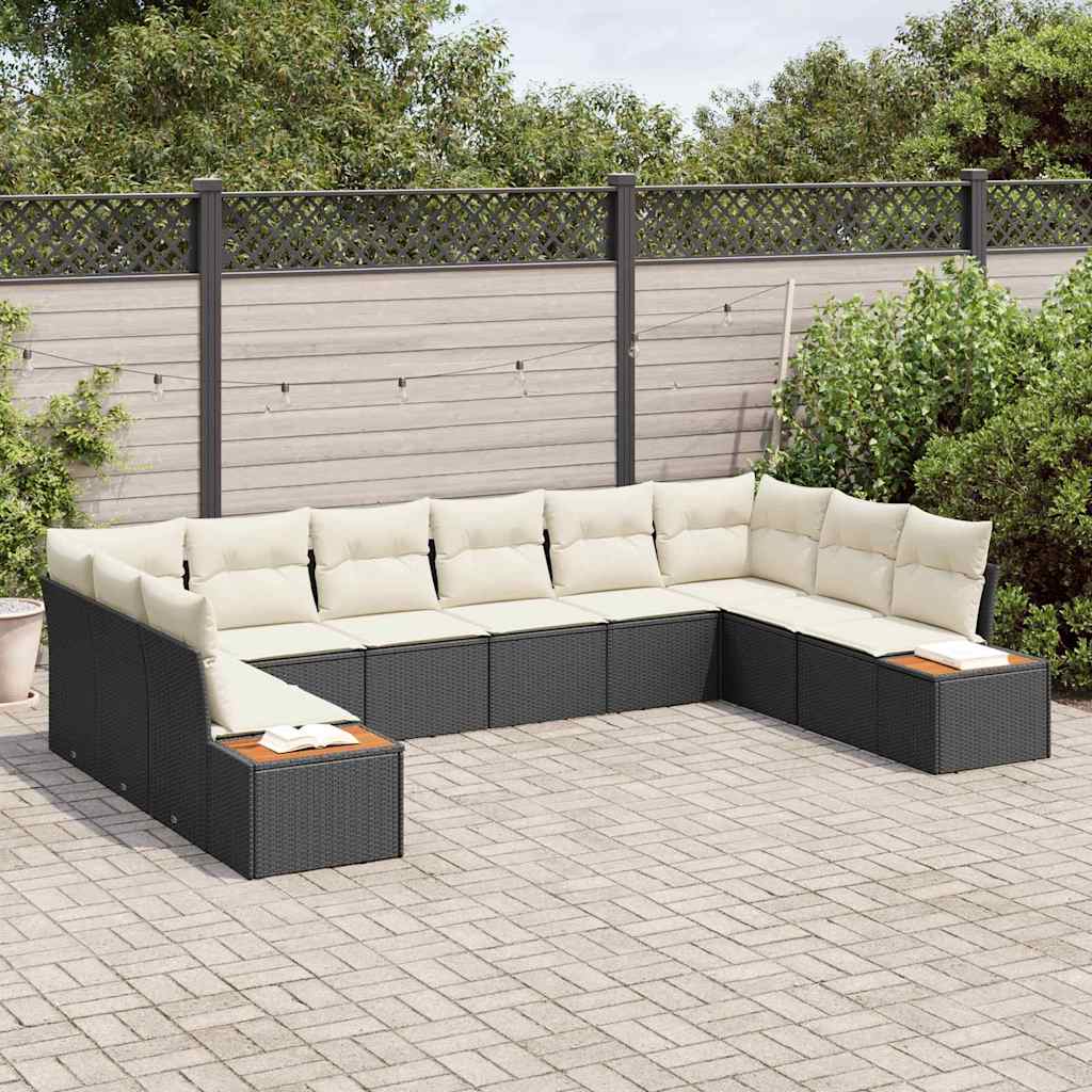 Havesofa Sæt med pude 10 pcs Sort og Cream Polyrattan