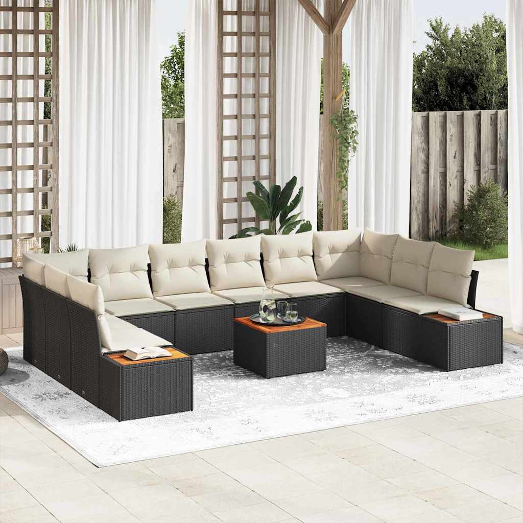 Havesofa Sæt med pude 10 pcs Sort og Cream Polyrattan
