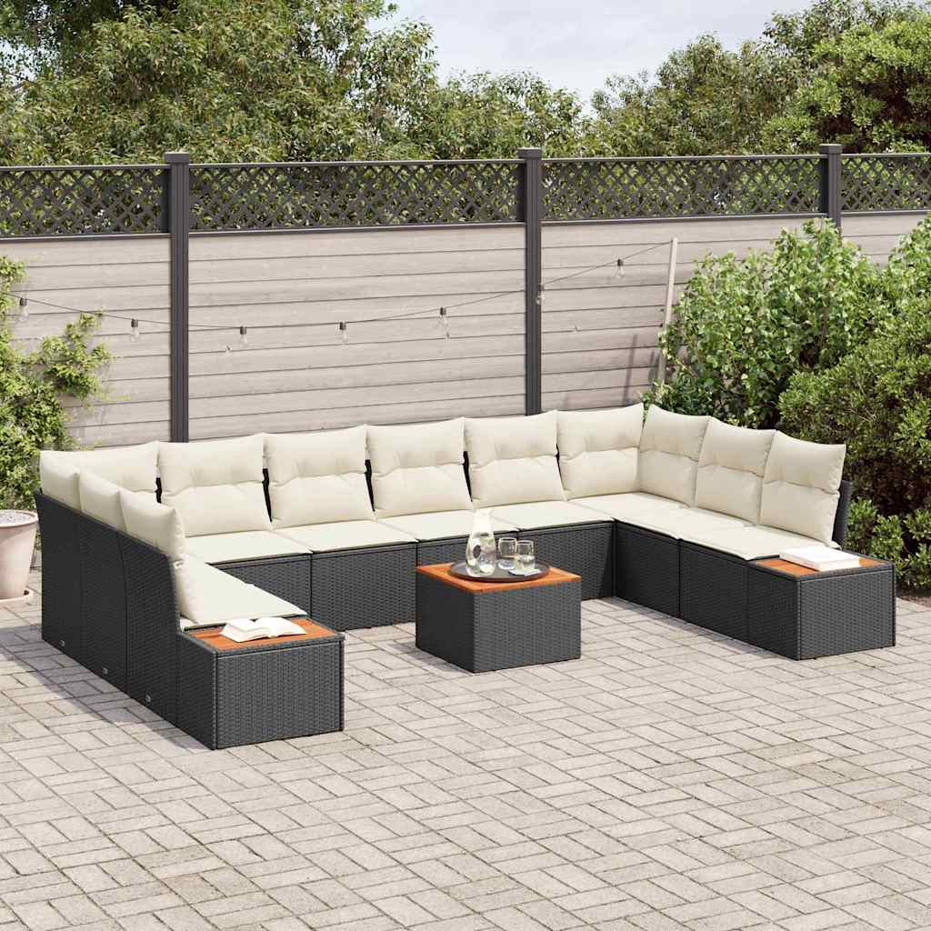 Havesofa Sæt med pude 10 pcs Sort og Cream Polyrattan