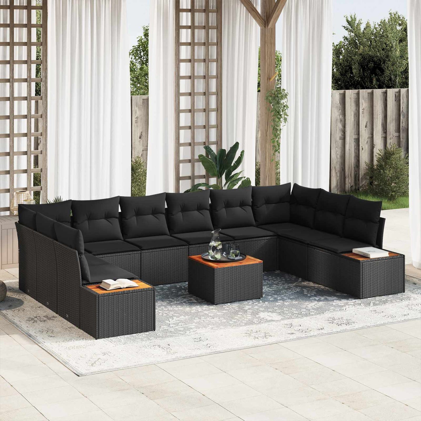 Havesofa Sæt med pude med opbevaring 10 pcs Sort Polyrattan
