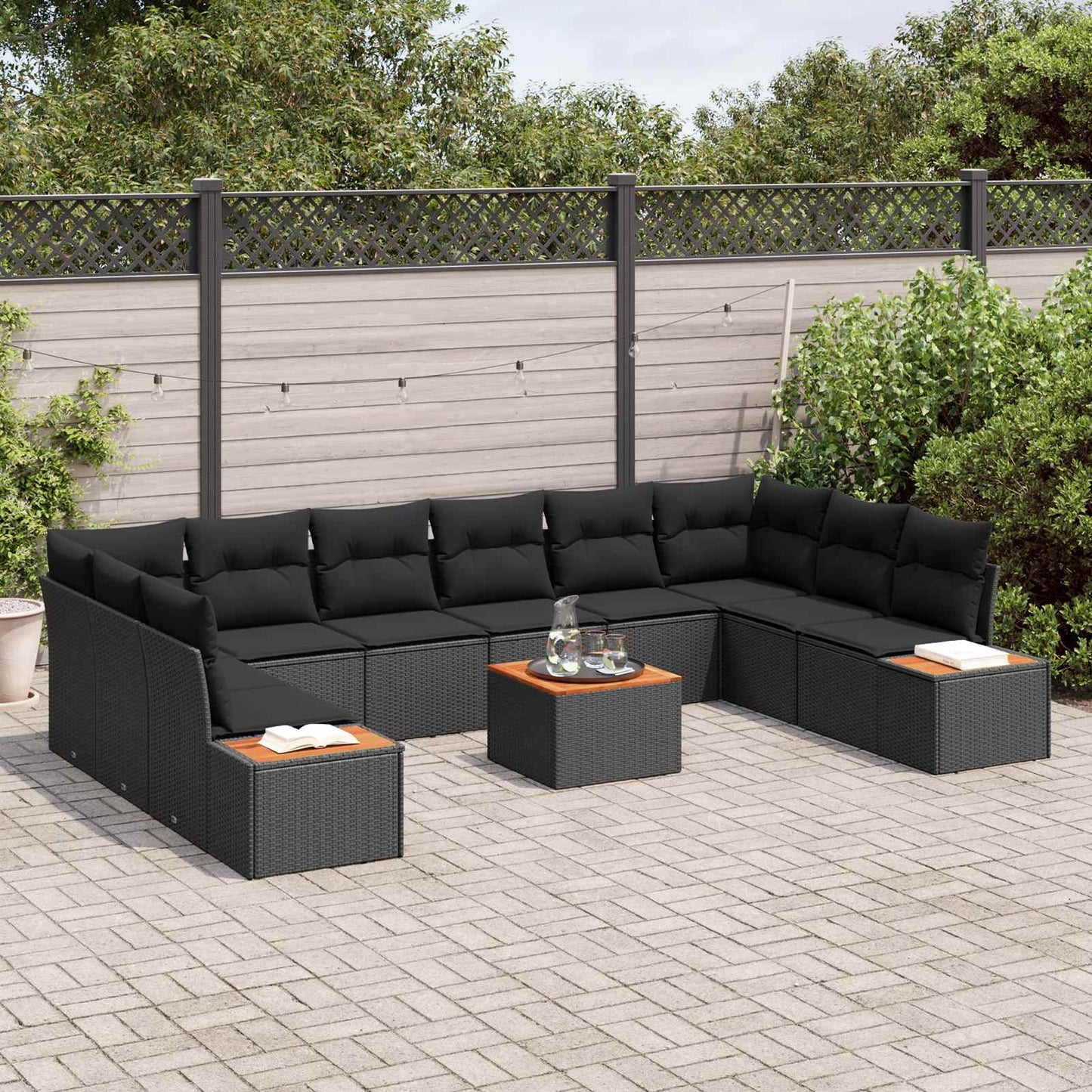 Havesofa Sæt med pude med opbevaring 10 pcs Sort Polyrattan