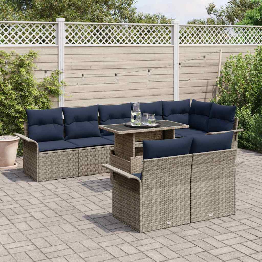 Havesofa Sæt med pude med opbevaring 9 pcs Grå Poly Rattan