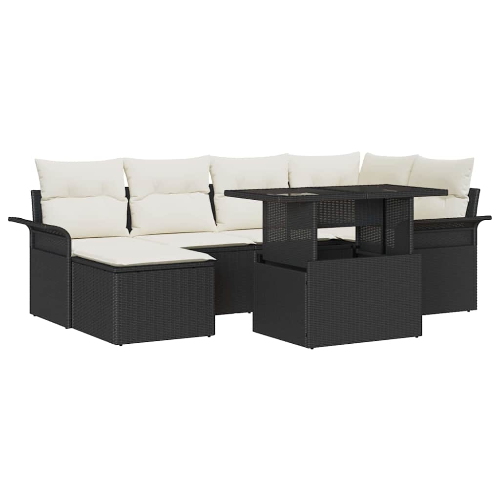 Havesofa Sæt med pude med opbevaring 7 pcs Sort Poly rattan