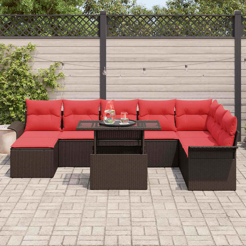 Havesofa Sæt med pude 9 pcs Brun Poly Rattan