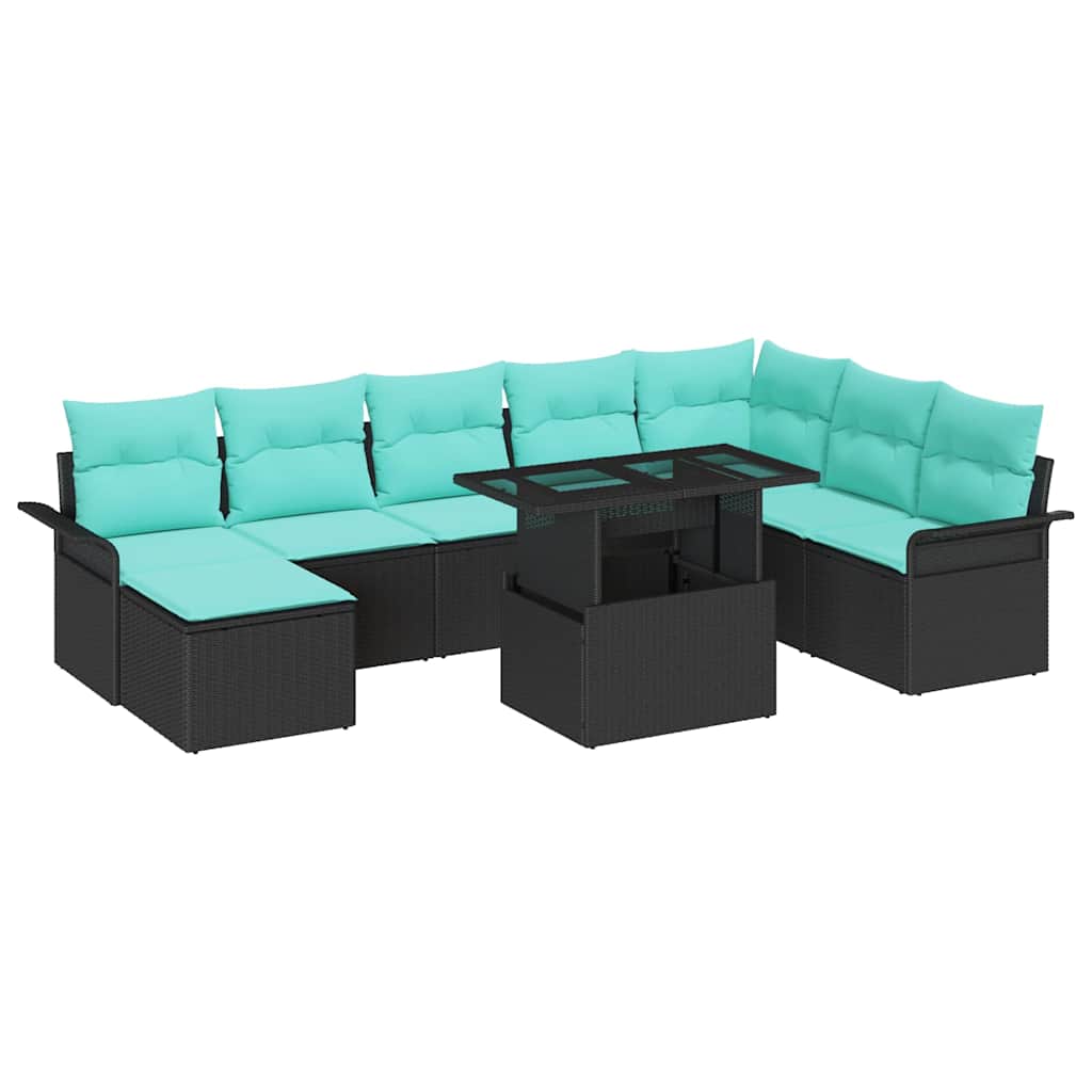 Havesofa Sæt med pude 9 pcs Sort Poly Rattan