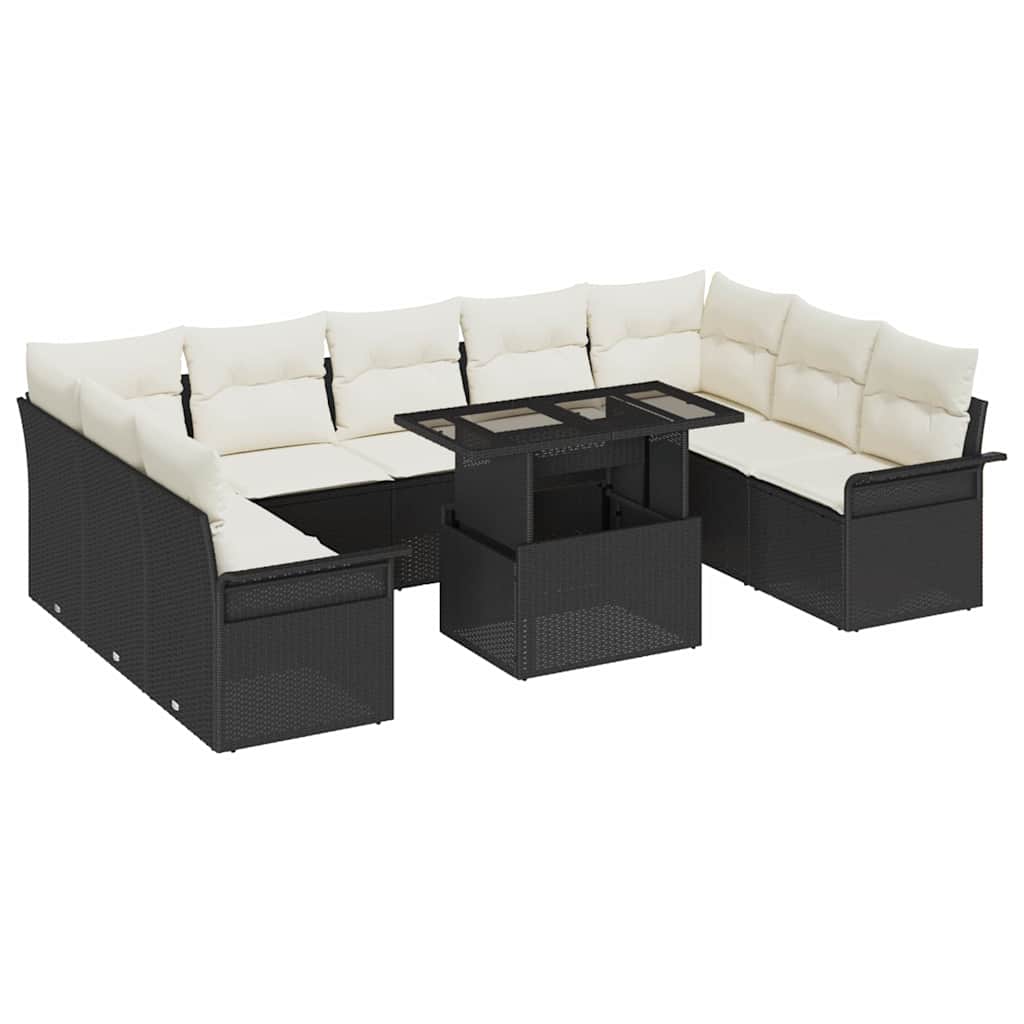 Havesofa Sæt med pude med pude 10 pcs Sort Poly Rattan