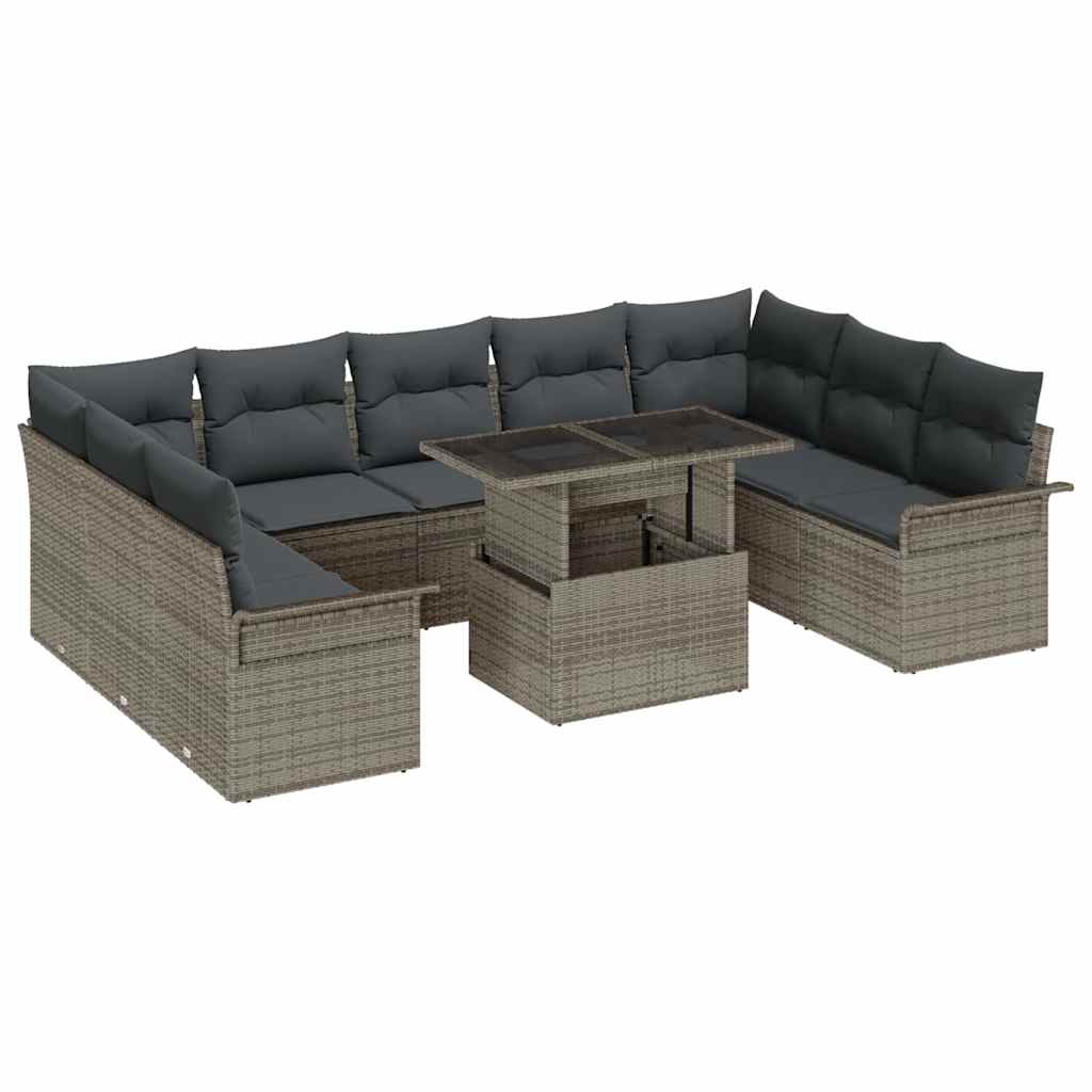 Havesofa Sæt med pude med pude 10 pcs Grå Poly Rattan