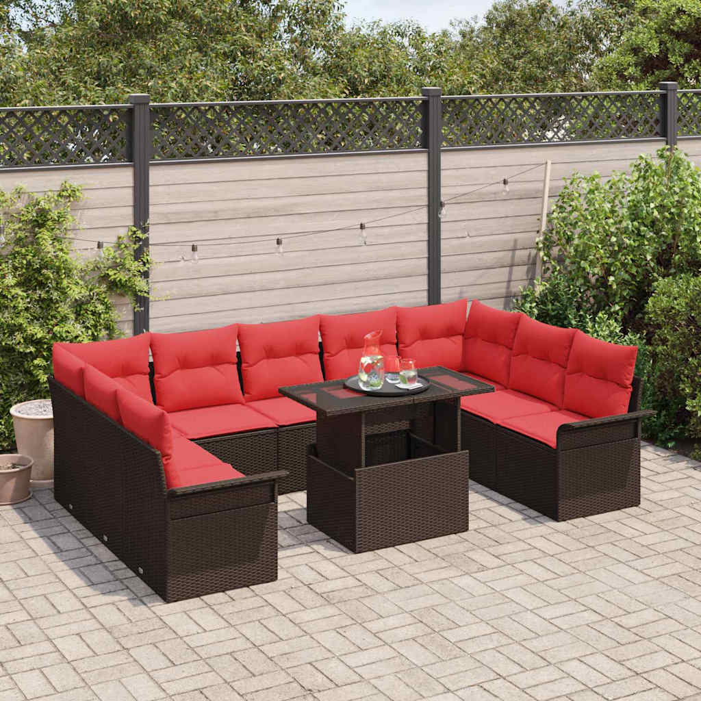 Havesofa Sæt med pude med pude 10 pcs Brun Poly Rattan