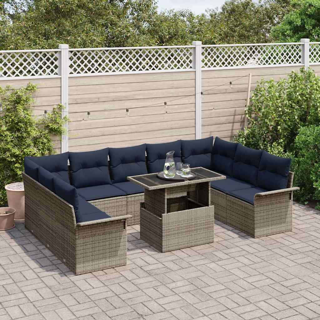 Havesofa Sæt med pude med pude 10 pcs Grå Poly Rattan