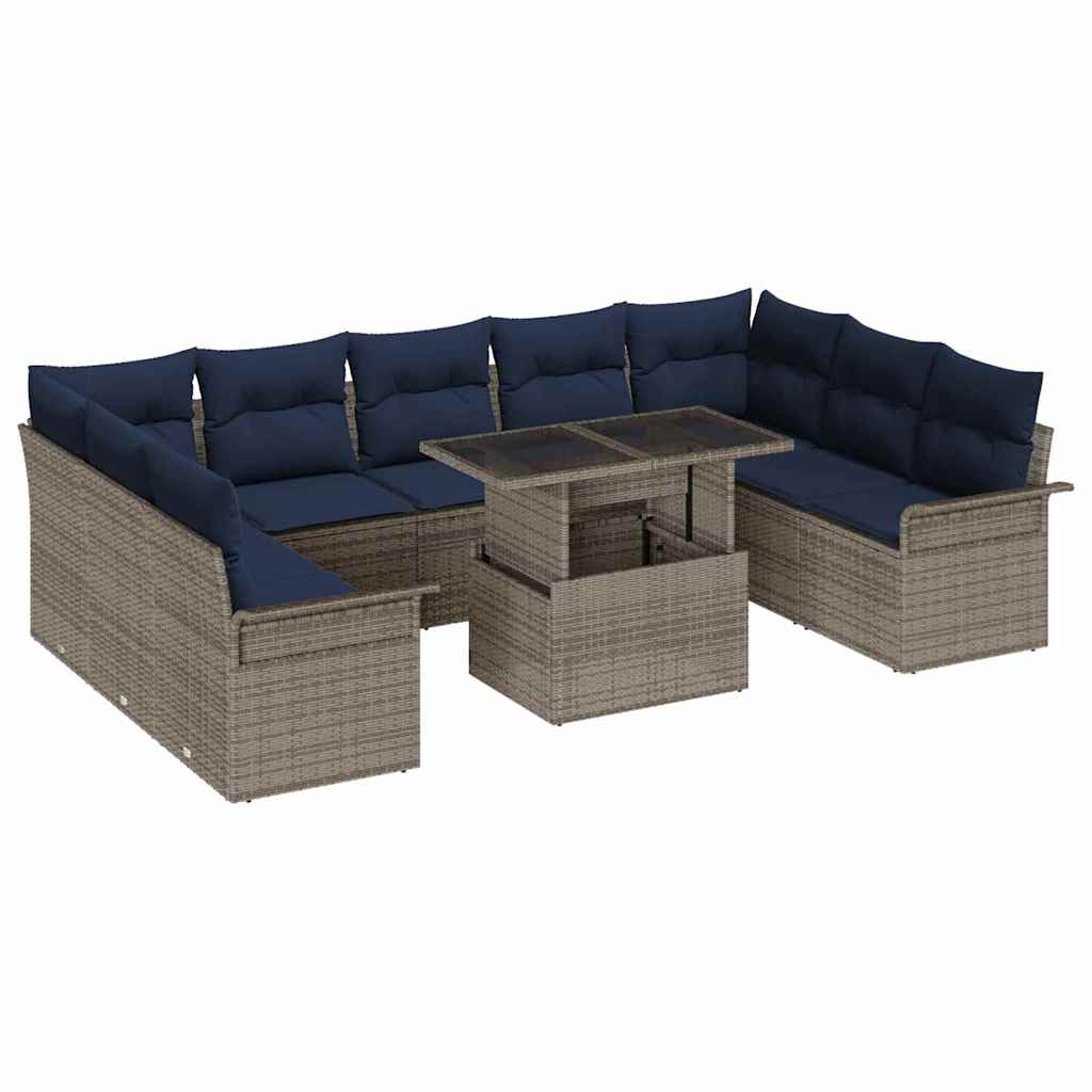 Havesofa Sæt med pude med pude 10 pcs Grå Poly Rattan
