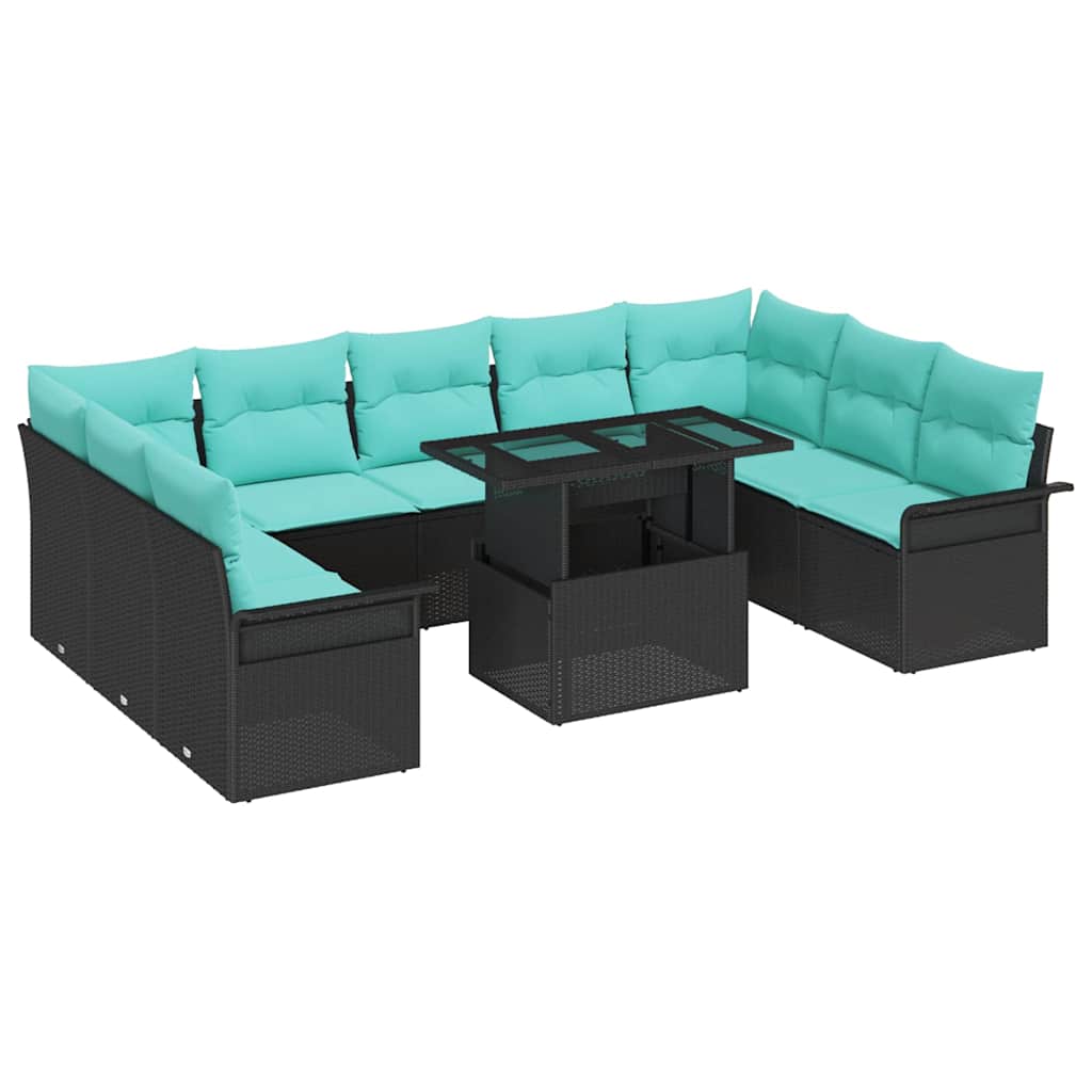 Havesofa Sæt med pude med pude 10 pcs Sort Poly Rattan