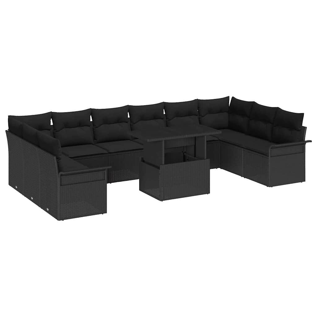 Havesofa Sæt med pude med pude 11 pcs Sort Poly Rattan