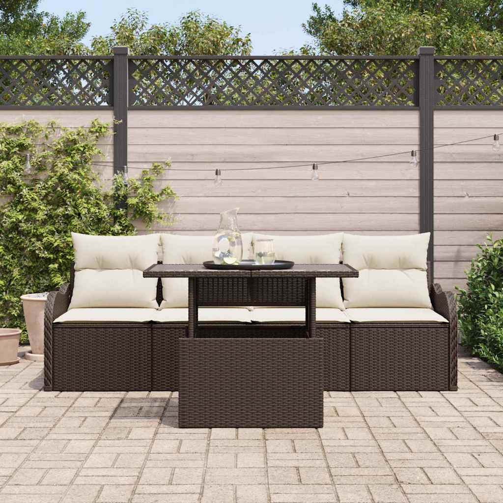 Havesofa Sæt med pude med pude 5 pcs Brun Poly Rattan