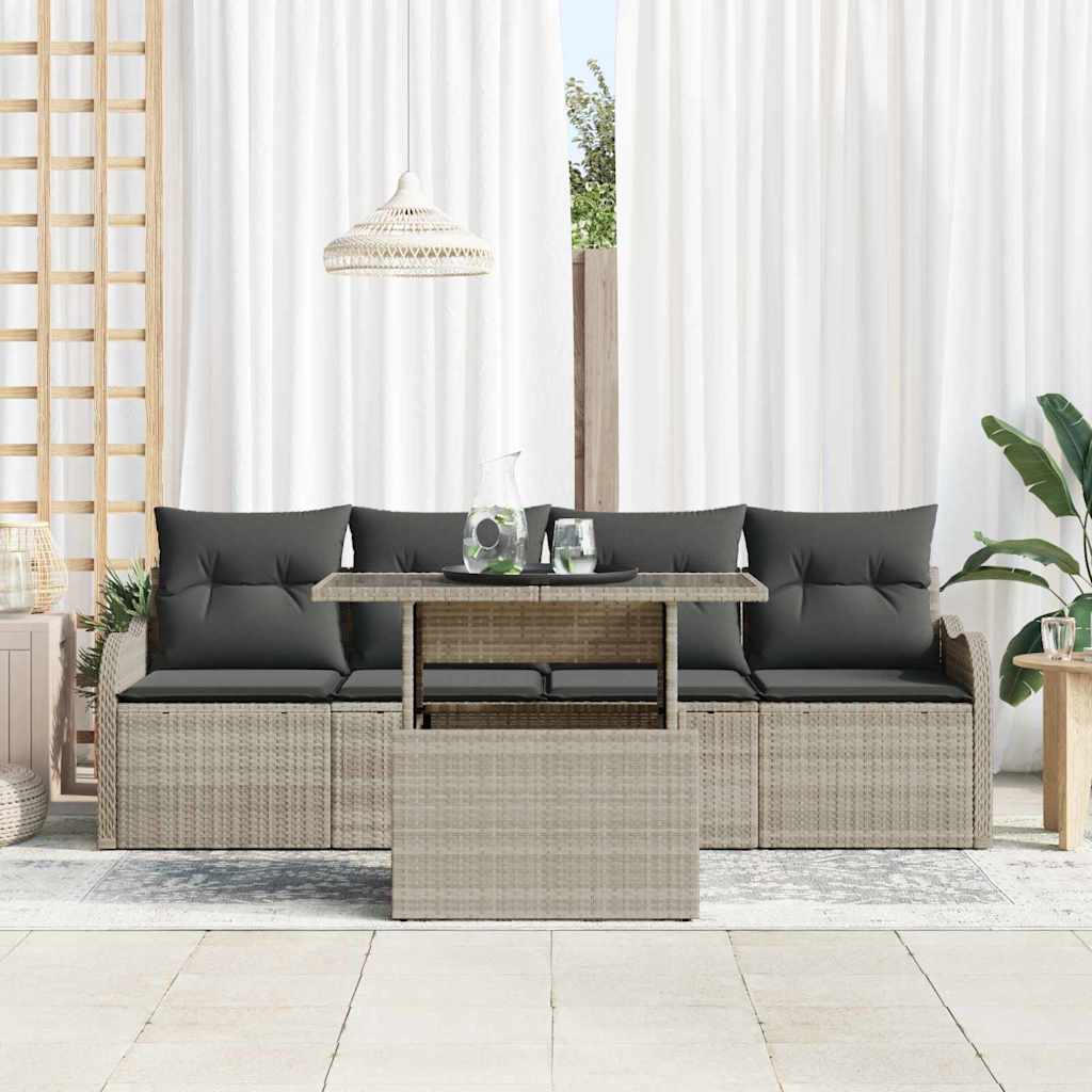 Havesofa Sæt med pude med pude 5 pcs Lysegrå Poly Rattan