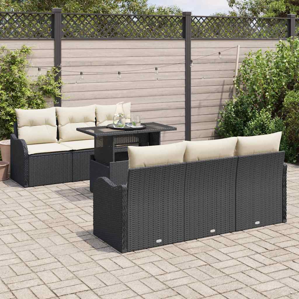 Havesofa Sæt med pude med opbevaring 7 pcs Sort Poly Rattan