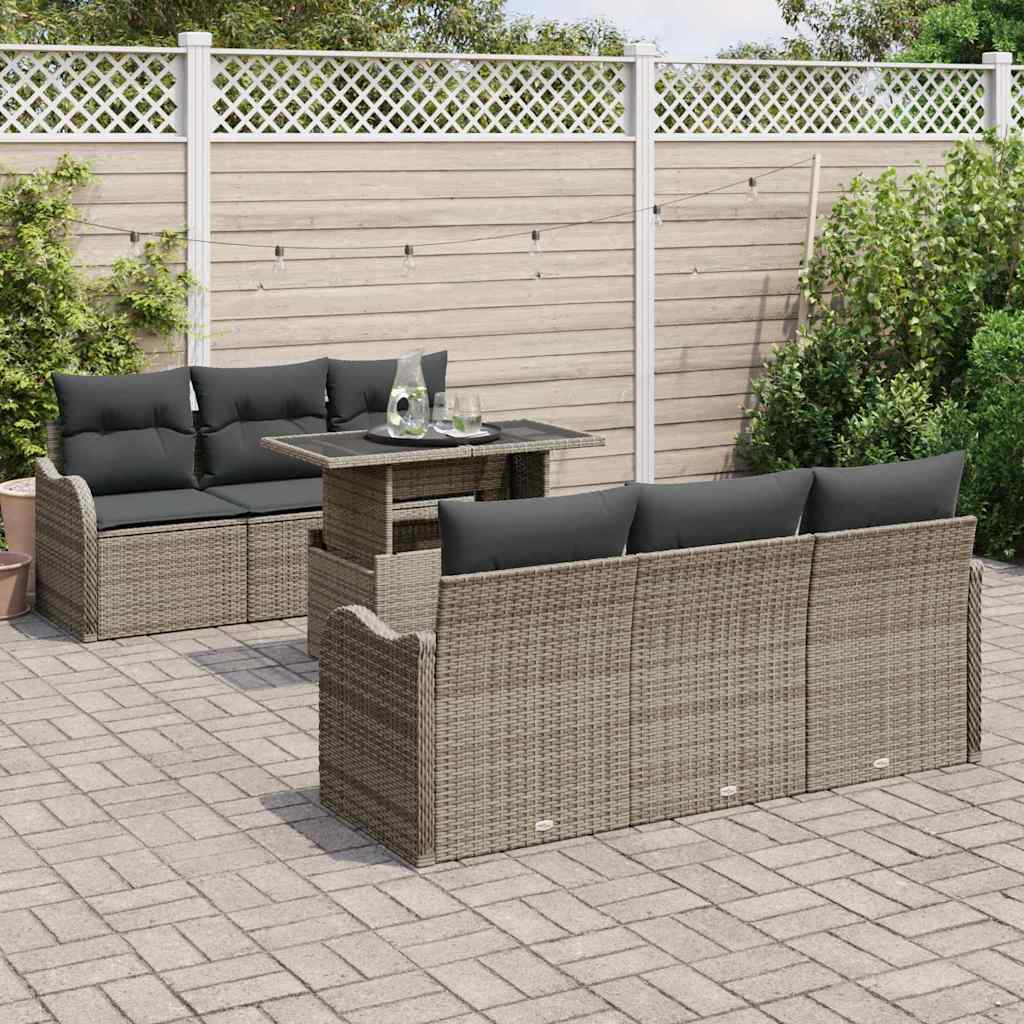 Havesofa Sæt med pude med opbevaring 7 pcs Grå Poly Rattan