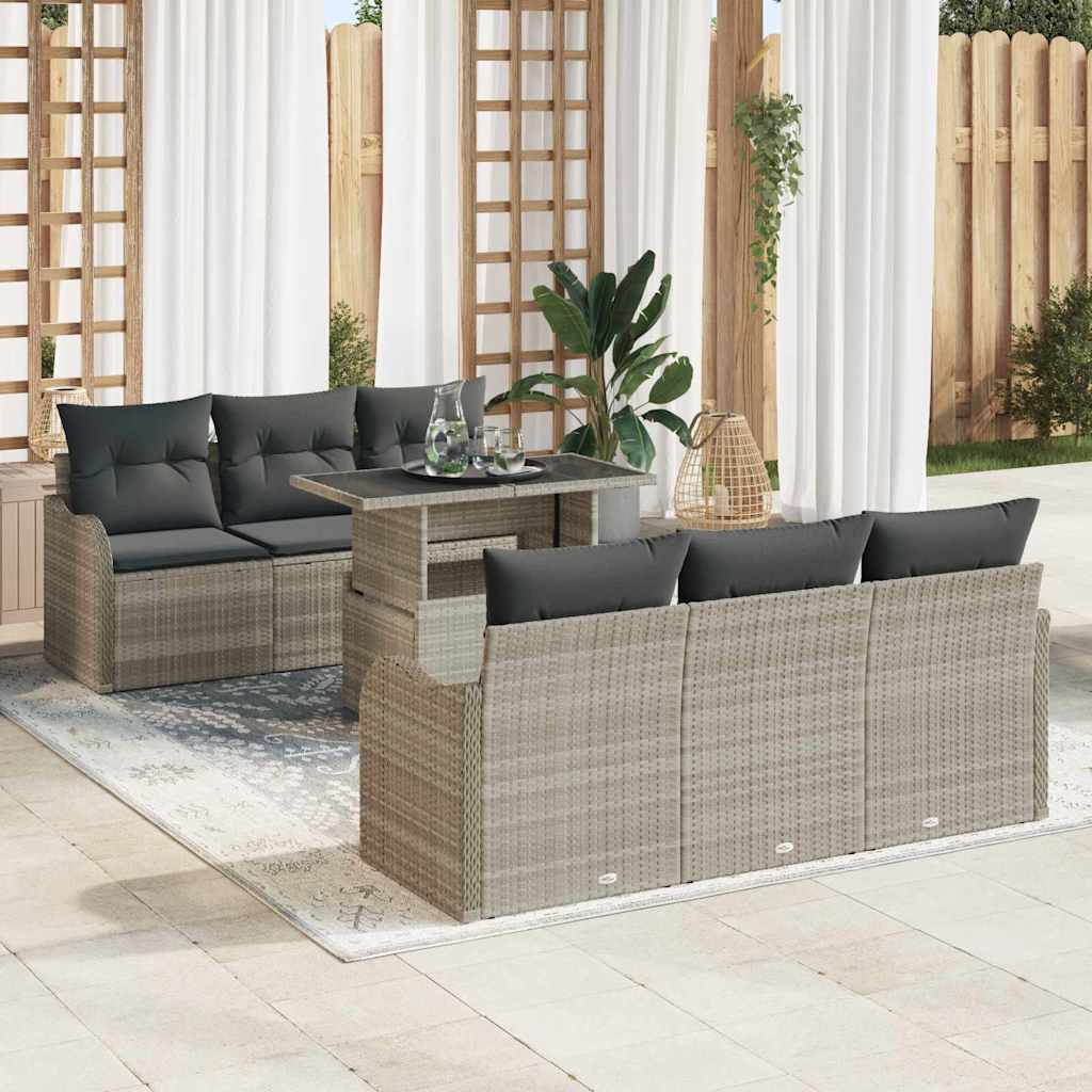 Havesofa Sæt med pude med opbevaring 7 pcs Lysegrå Poly Rattan