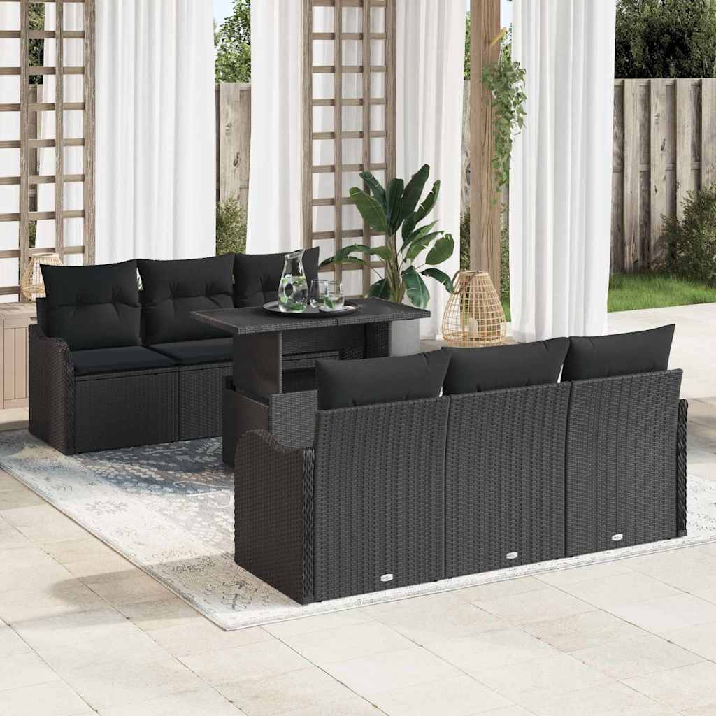 Havesofa Sæt med pude med opbevaring 7 pcs Sort Poly Rattan