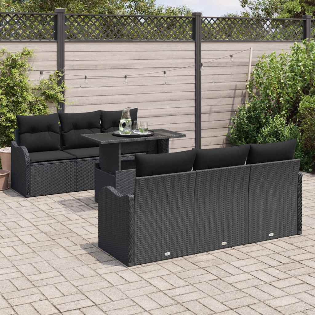 Havesofa Sæt med pude med opbevaring 7 pcs Sort Poly Rattan