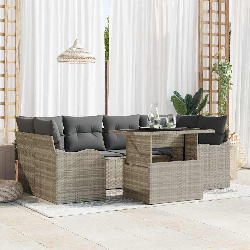 Havesofa Sæt med pude med opbevaring 7 pcs Lysegrå Poly Rattan